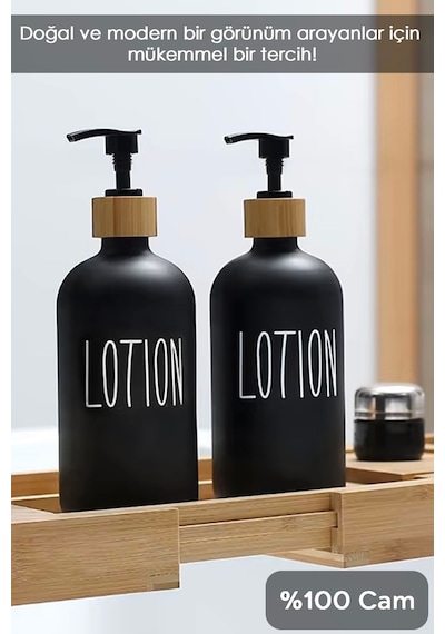 2 Adet Banyo Sıvı Sabunluk - Cam Losyon Şampuan Şişesi 500 Ml - Siyah