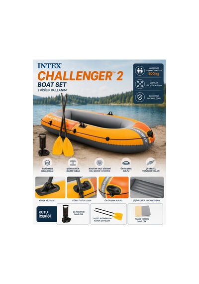 Intex Challenger 2 Şişme Bot Seti 2 Kişilik Kürekli 236 x 114 x 41 CM - 2026 New