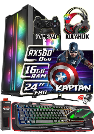 Warbox Kaptan Xeon X5650 16 GB 256 GB SSD + 250 GB HDD 8 GB RX580 24" W10P Masaüstü Bilgisayar