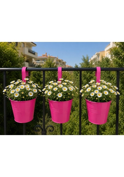 Askılı Balkon Saksı Seti, 3 Adet, Metal, Şeker Pembe 1,5lt 001