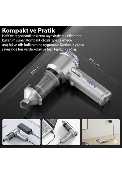 Ezere Vacpro 20000pa Güçlü Dijital Göstergeli Vakumlu Kablosuz Üflemeli Mini Araç Süpürgesi- 5775