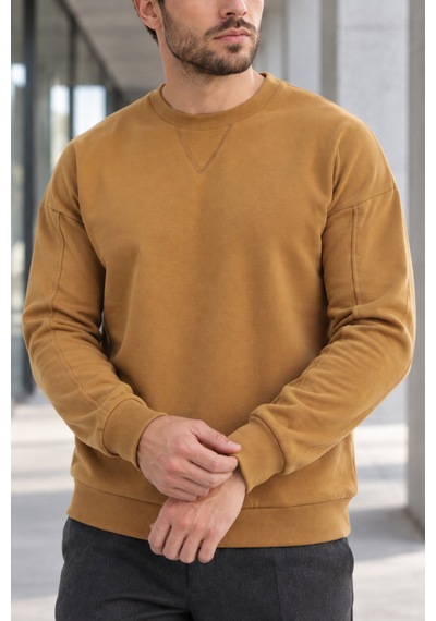 Polo State Erkek Bisiklet Yaka Oversize Dikiş Detaylı Basic Sweatshirt - Kahve Kahverengi