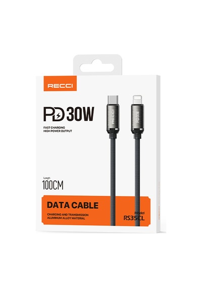 Recci Rs35cl Type-c To Lightning Pd 30w Örgü Tasarımlı Hızlı Şarj Özellikli Şarj Kablosu 1m Gri