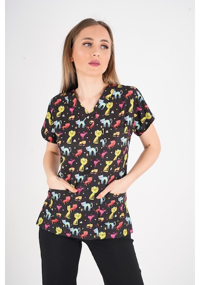Unisex Cool Cats Club Desenli Doktor Hemşire Hastane Aşçı Mutfak Scrubs Tek Üst Üniforma Siyah