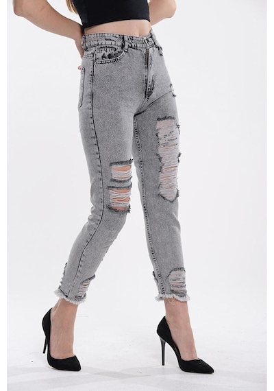 Shevega Kadın Bacak Lazer Yirtik Kar Siyah Mom Jeans Siyah