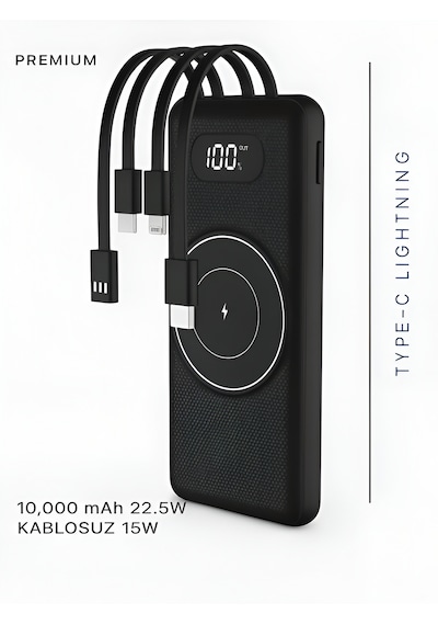 10000mah Pd 22.5w Kablosuz & Kablolu Powerbank Wireless 15w, Usb, Micro & Type-c, Apple Uyumlu iPhone  Siyah - Siyah