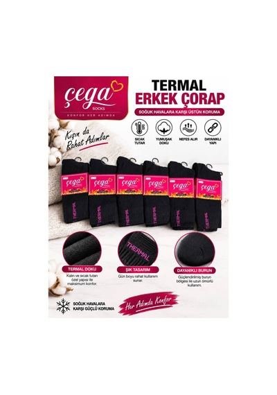 Çega Socks Çega Dikişsiz Kalın Kışlık Termal Çorap Kadın 12'li Siyah Siyah