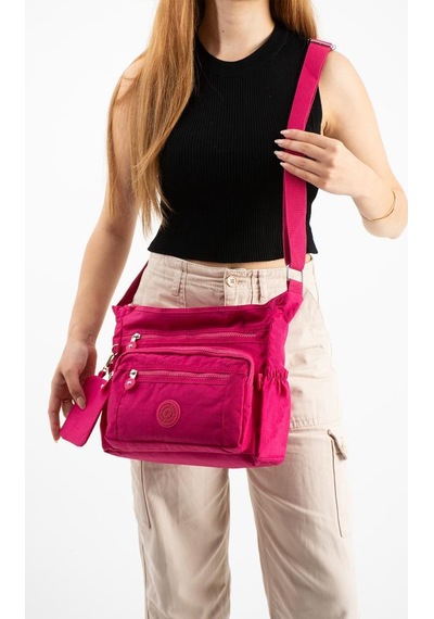 Baginn Kadın Postacı Çanta Hafif Klinkır Kumaş Çok Cepli Çapraz Askılı Omuz Çantası 28 24 Cm Günlük Çanta Pembe