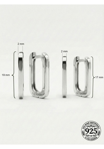 925 Ayar Gümüş Rodyum Kaplama Dikdörtgen Huggie Halka Küpe Seti 2'li Çift - Büyük-orta 2mm En