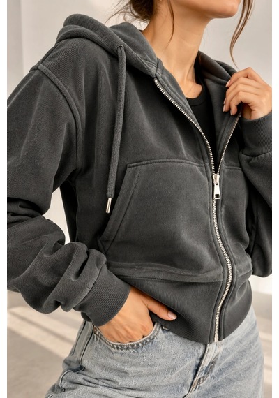 Bb Butik Basic Selanik Dokulu Fermuarlı Kapüşonlu Kadın Sweatshirt My3535 Antrasit