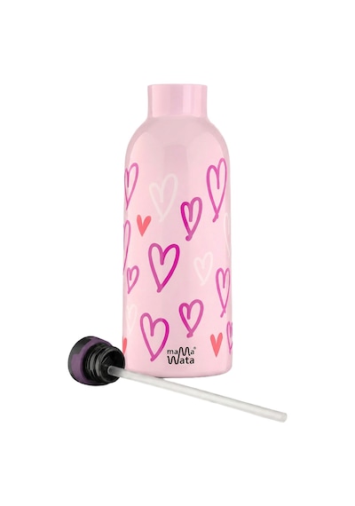 Mamawata Hearts Pipetli Çocuk Termos Matara 470 Ml Paslanmaz Çelik Sızdırmaz Yalıtımlı Suluk Açık Pembe
