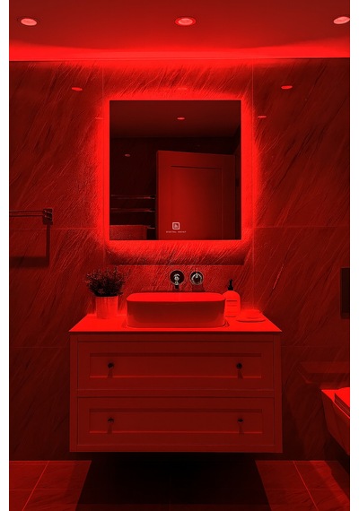 Digital Hayat Dokunmatik Dimlenebilir Kırmızı Led Işıklı Kare Ayna Dekoratif Banyo Makyaj Aynası 50cm - 80cm Kırmızı