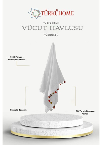 Püsküllü Yumuşak Pamuk Havlu Yüksek Emicili Vücut Havlusu 70x130 Cm Beyaz