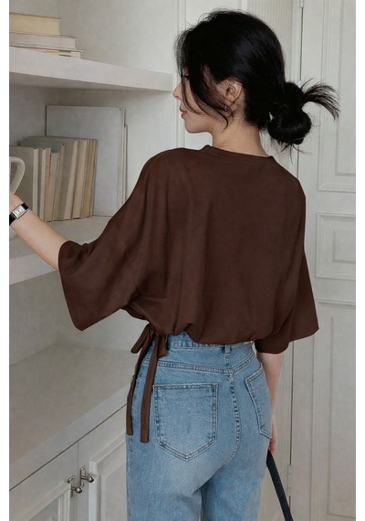 Kadın Oversize Basic Haki Tişört Yan Bağlamalı Rahat Kesim Günlük Yazlık T-shirt Kahverengi