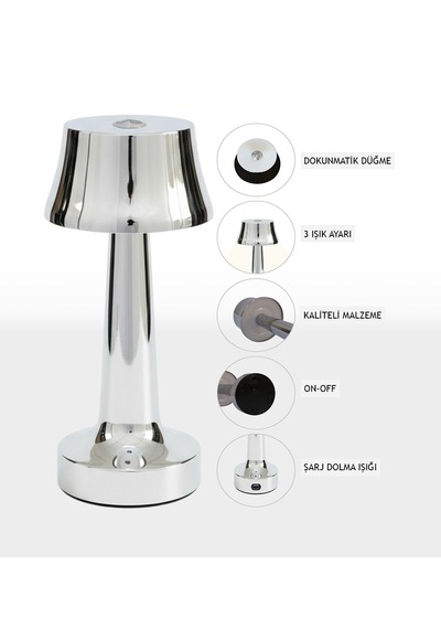 Zenlight Metal Dokunmatik Şarjlı Masa Lambası Gümüş