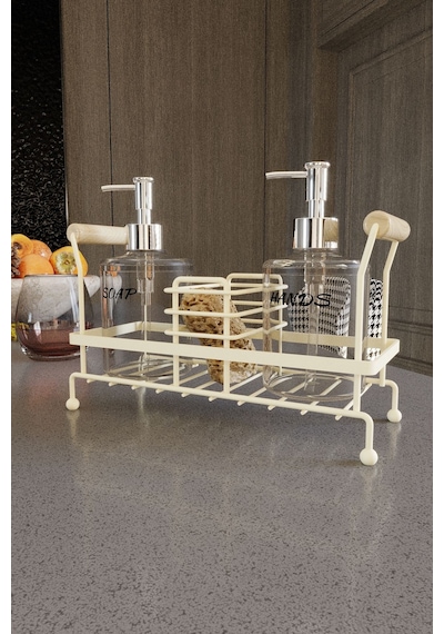 Suntel 2 Li Metal Standlı Plastik Sıvı Sabun Şişesi Sabunluk 500 Ml Krem Bej