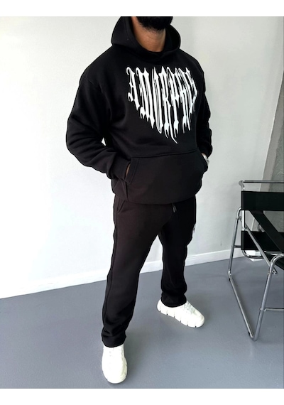 Uzun Kol Kapşonlu Baskılı Sweatshirt - Siyah Siyah