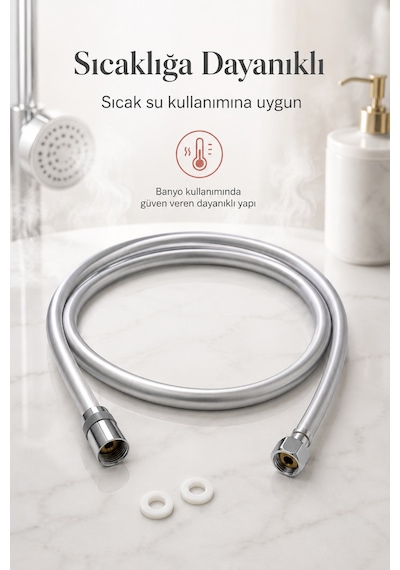 Gümüş Pvc Duş Hortumu 150 Cm Dolanmaz 360 Döner Başlıklı Yüksek Basınçlı İnox Banyo Spirali