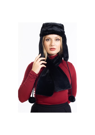 Ladycolor Peluş Kulaklı Pilot Şapka Atkılı Takım Siyah Siyah