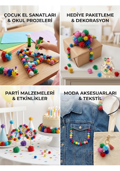 Renkli Ponpon 3 Farklı Boy Büyük Orta Küçük Boy Karışık Renk Pon Pon Kreş Okul Etkinliği