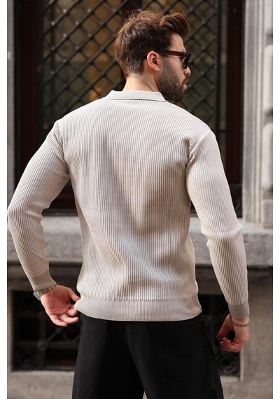 Madmext Taş Rengi Polo Yaka Dokulu Erkek Triko Kazak E7511 Taş/beyaz