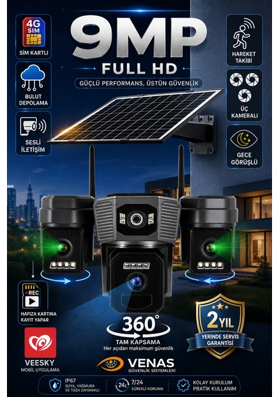 3 Kameralı Sim Kartı İle Çalışan Gece Görüşlü Solar Güvenlik Kamerası