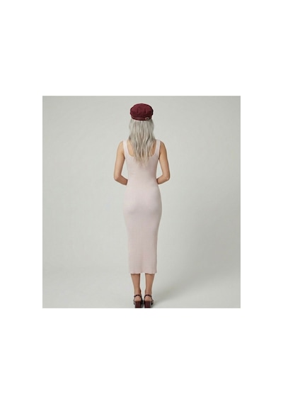 Neden Tekstil Premium Fit Kare Yaka Fitilli Triko Midi Elbise - Açık Pembe