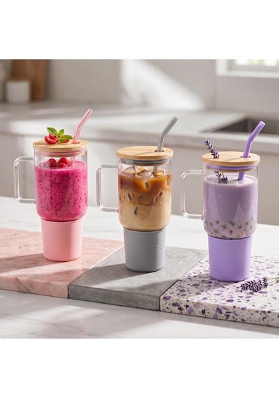 1000 Ml Cam Matara Kupa Bardak - Bambu Kapaklı - Silikon Kılıflı - Çelik Pipetli Renkli