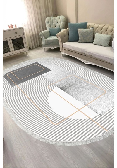 Alanur Kaymaz Yıkanabilir Dijital Baskılı Salon Halısı Trend Saçaklı Oval Geometrik Al4052 gri
