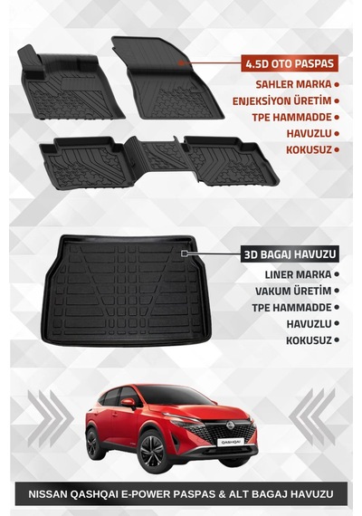 Sahler Qashqai E-power 2022 + Uyumlu 4.5d Premium Havuzlu Oto Paspas Ve Liner Marka 3d Alt Bagaj Hav