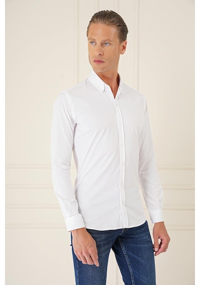 Efor Slim Fit Düğmeli Yaka Esnek Pamuk Klasik Beyaz Gömlek Gk 727 Beyaz