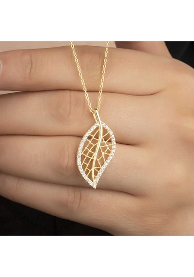 925 Ayar Gümüş Gold Kaplama Yaprak Tasarımlı Kadın Kolye Renkli