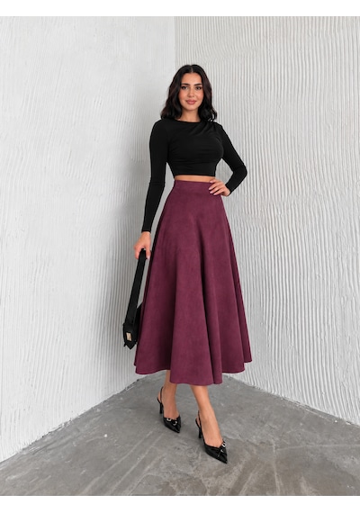 Ozy Fashion Kadın Süet Kloş Etek Bordo
