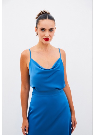 Sateen Degaje Yaka Saten Bluz - İndigo