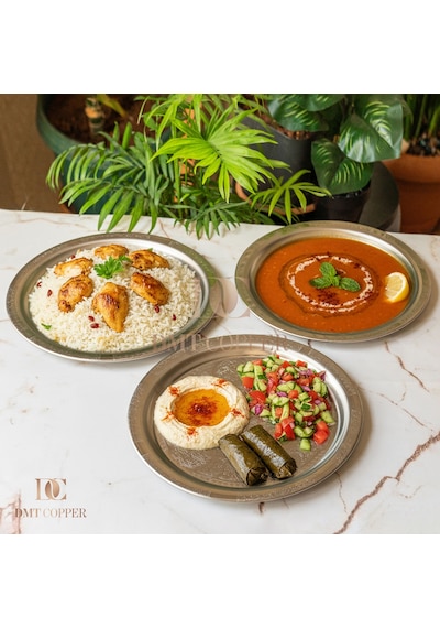 430 Kalite Krom Çelik 3 Adet Tepsi 24 Cm Fırına Uygun, Osmanlı Motifli, Kebap & Restoran Sunum Tepsisi Gri