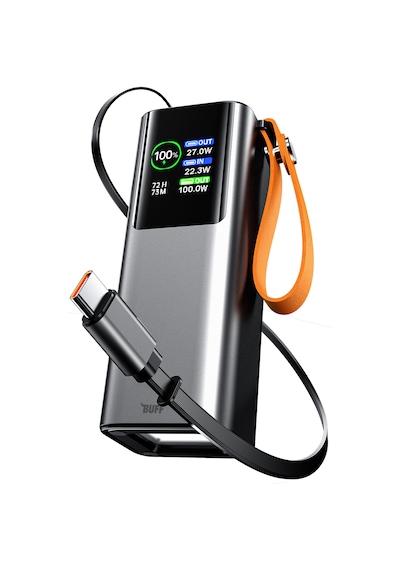 Buff Labs Buff Bp20 100w 20000mah Powerbank Dijital Ekranlı, Makaralı Dahili Type-c Kablo, Hızlı Şarj Metalik Gri