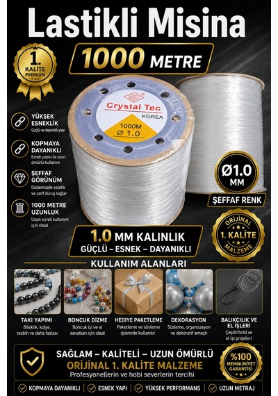 Lastikli Misina Şeffaf 1.00 Mm 1000 Metre Yeni Ürün Büyük Boy