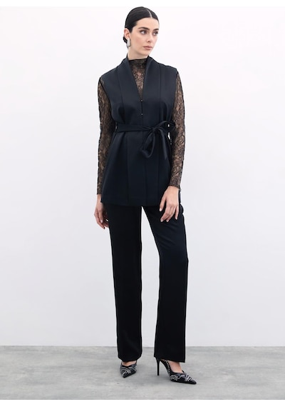 Sateen Kuşaklı Saten Yelek - Siyah-135849 Siyah