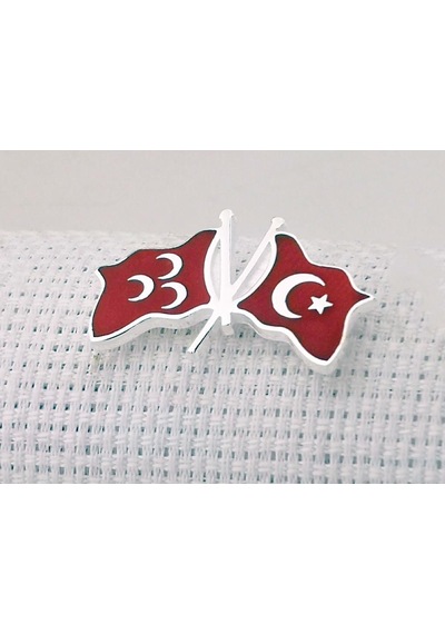 Takıhan Türk Bayrağı Ve Üç Hilal Tasarımlı 925 Ayar Gümüş Rozet Kırmızı