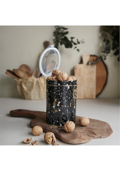 Terrazzo Black Desenli Kilitli Kapaklı Yuvarlak Metal Kutu, 10.5 X 15 Cm, 1.1 Lt