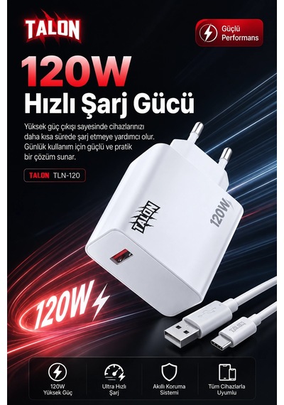 120w Hızlı Şarj Adaptörü Ve Kablo Seti Akıllı Çipli Güvenli Şarj Özellikli Diğer