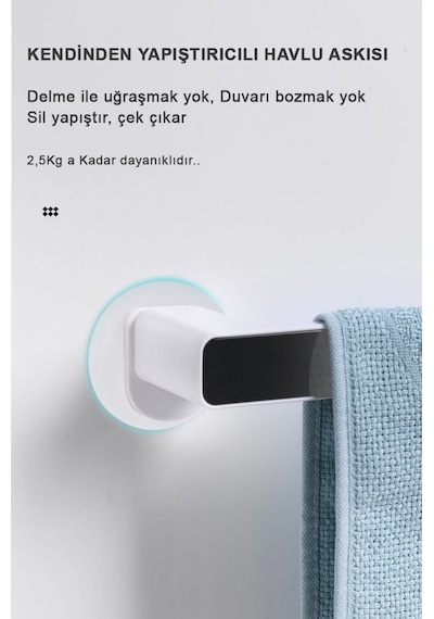 2li Kendinden Yapışkanlı, Dekoratif, Şık, Güçlü Havlu Askısı 25,7cm Ve 46,3cm Gri&beyaz Gri