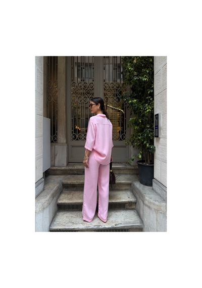 Meecy Kadın Tencel Kumaş Pantolon Gömlek Takım Pembe Pembe