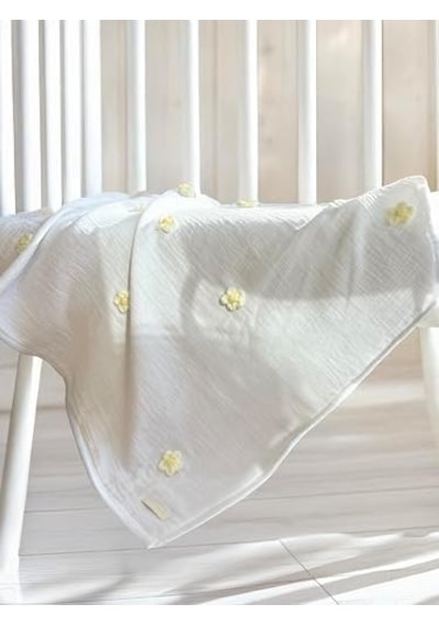 Papatya İşlemeli Doğal Dokusu Pamuk Müslin Bebek Battaniyesi 75x75 Cm Beyaz 36 Derece Üstü