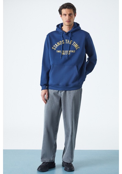 Grimelange WULF Erkek Organik Kumaşlı İçi Polarlı Yumuşacık Kanguru Cepli Kapüşonlu Lacivert Sweatshirt