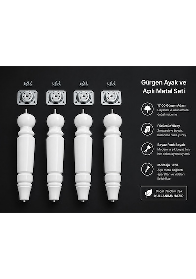 Turkıshrug Kıngdom 4'lü Gürgen Ahşap Tornalı Ayak Mobilya Ayağı Koltuk Ayağı Gürgen Koltuk Ayağı Baza Ayağı Tv Ünitesi Ayağı 30 Cm Beyaz