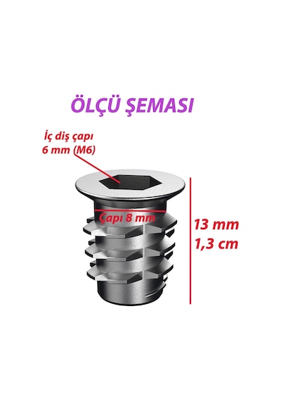 Metal Euro Dişli Dübel Ahşap Dübeli M6 8x13 Diş Çinko Mobilya Bağlantı Ünite Birleştirme 25 Adet