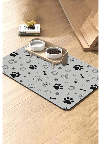 Matgo Pati Kedi Köpek Beslenme Matı 50x70cm Su Geçirmez Mama Kabı Altlığı Paspas Siyah Beyaz Patiler