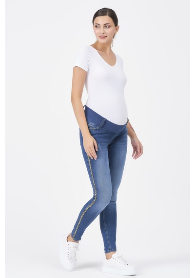 Busa Hamile Kot Pantolon Skinny Leoparlı Yan Şerit Mavi-mavi