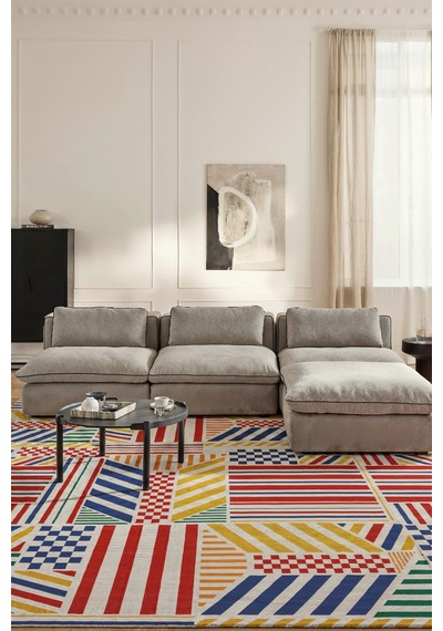 Arline 02 Modern Geometrik Tasarım Renkli Şönil Dokuma Taban İnce Yıkanabilir Ev Oda Salon Halısı Sarı Kırmızı Mavi 4